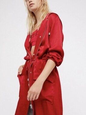 Free People Women's Trench Coat Size L Hooded Red Satin Drawstring Pockets Lined